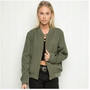 BRANDY MELVILLE Kasey Bomber Zip Up Jacket Olive Green OS